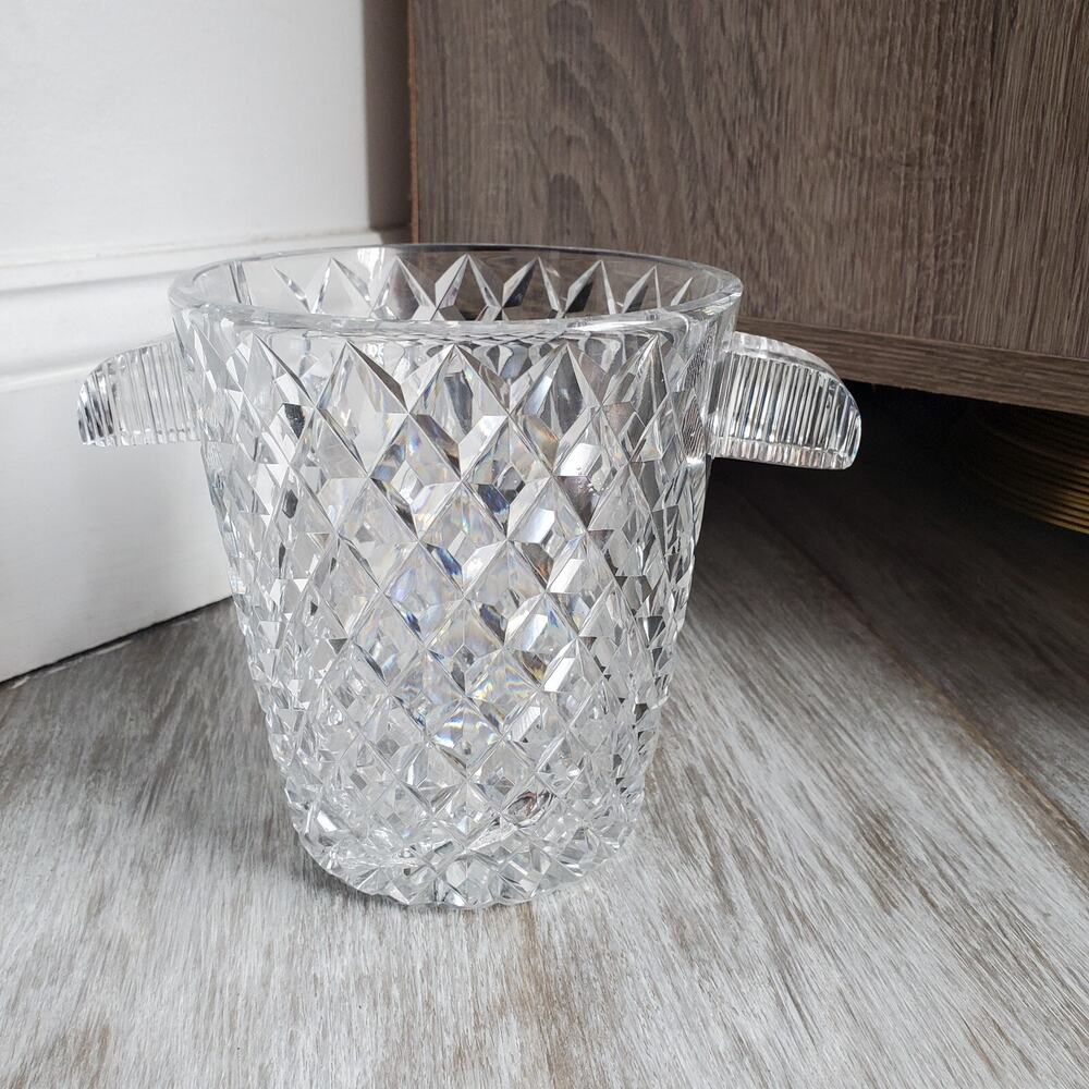 Vintage Crystal Ice Bucket with Handles Glass Diamond Cut